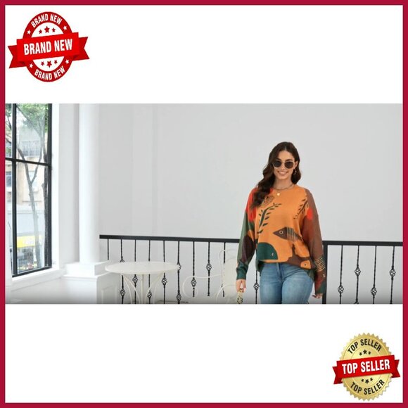 Oversized Knit Pullover Sweater Graphic Print Long Sleeve Winter Top - Picture 7 of 7